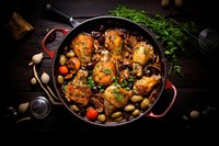 French Coq Au Vin Chicken table food meat. 