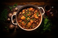 French Coq Au Vin Chicken table food stew. 