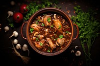 French Coq Au Vin Chicken table food meat. 