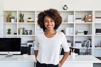 Happy black woman standing portrait smiling. 