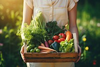 Woman holding wooden box basket vegetable gardening outdoors. 