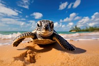 Newborn baby black green sea turtle beach outdoors reptile. 