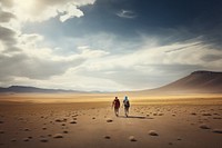 Backpackers walking outdoors horizon. 