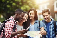 Backpackers laughing student happy. 