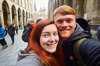 Tourist selfie together tourist architecture portrait. 