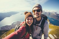 Tourist selfie together adventure landscape mountain. 