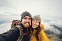 Tourist selfie together adventure mountain outdoors. 