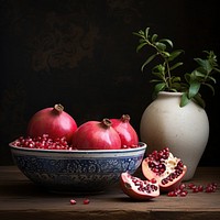 Pomegranates ceramic bowl background fruit. 