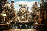 Steampunk city architecture building cathedral. AI generated Image by rawpixel.