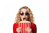 A shocked young woman eating popcorn while watching movie white background hairstyle surprise. AI generated Image by rawpixel.