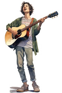 Young singer musician guitar white background. 