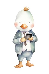 Duck holding smartphone business white background representation. 