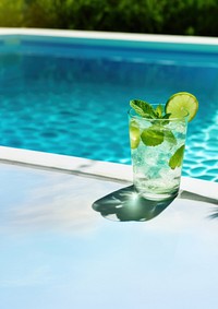 a photo of a mojito cocktail laying near a cool blue pool.  