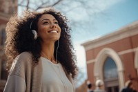 College student headphones adult woman. 