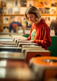 A photo of person selecting vinyl records in a retro record store.  