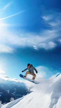 A photo of the man jumping with snowboard from the hill, snow background.  