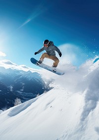 A photo of the man jumping with snowboard from the hill, snow background.  