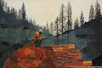 Logger cuts tree, paper textured photo. 