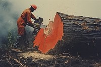 Logger cuts tree, paper textured photo. 