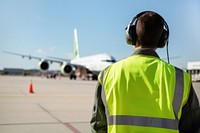 Back view photo of an airport staff wearing green safety vest and headphone.  