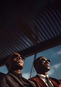 photo of african American men look up the same way, wear suit and sunglasses.  