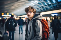 Tourist standing looking airport. 