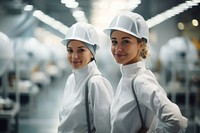 Two females wearing protective uniform working factory hardhat. 