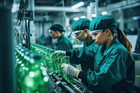 Two mixed race females wearing protective green uniform factory manufacturing working. 