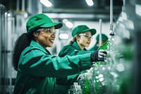 Two mixed race females wearing protective green uniform factory manufacturing working. 