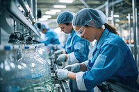 Two women wearing protective uniform working factory manufacturing laboratory. 