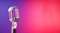 photo of vintage microphone, pink and purple background gradient, background copy space.  