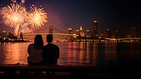 Photo of a couple watching firework on the riverfront, city at night in the background.  