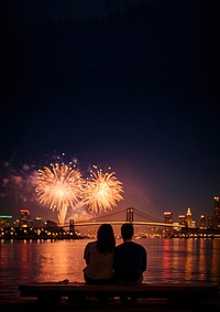 Photo of a couple watching firework on the riverfront, city at night in the background. AI generated Image by rawpixel. 