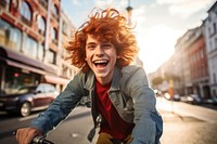 Riding a bike city laughing vehicle. 