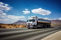 A large tanker truck drives on a highway through a desert landscape. The tanker truck is silver and white, moving swiftly on the open road under a blue sky.