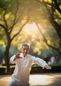 photo of an elderly asian man doing Tai chi in a park.  