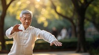 photo of an elderly asian man doing Tai chi in a park.  