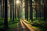 Green leafed tree pine forest landscape sunlight. 