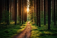 Green leafed tree pine forest landscape sunlight. 