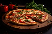 Board cookware Side view pizza food mozzarella. 