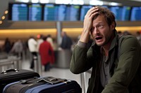 Tourist worried luggage airport. 