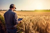 photograph of a man farmer with tablet working in wheat field.  