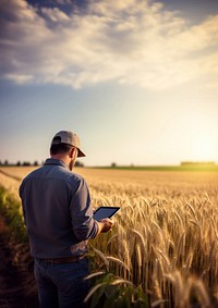 photograph of a man farmer with tablet working in wheat field.  