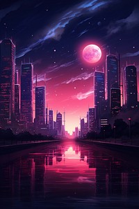 Retrowave cityscape wallpaper architecture astronomy building. 