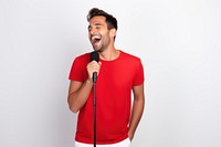 Singing microphone laughing holding. 