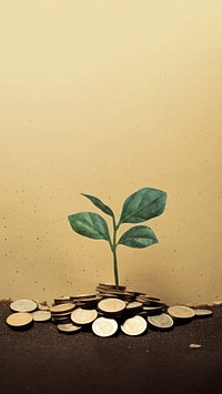 Paper Craft of a watering young coin plant, collage, isolated on vintage paper background.  