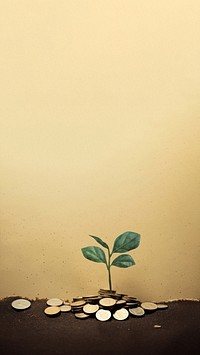 Paper Craft of a watering young coin plant, collage, isolated on vintage paper background.  