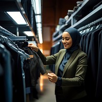 Photo of a muslim women wearing badge holder checking a new clothes in a hanger shelf.  