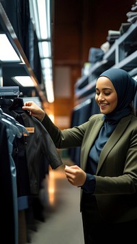 Photo of a muslim women wearing badge holder checking a new clothes in a hanger shelf.  