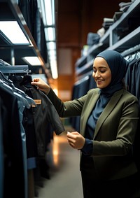 Photo of a muslim women wearing badge holder checking a new clothes in a hanger shelf.  